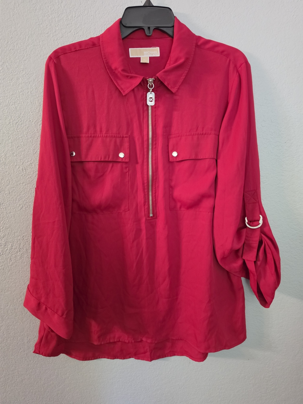 Michael Kors Red Half-Zip Utility Blouse